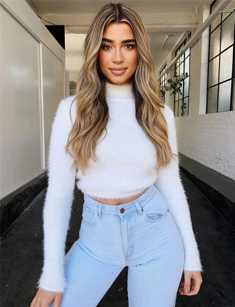 Женский свитер с высоким воротником Модный повседневный флисовый укороченный