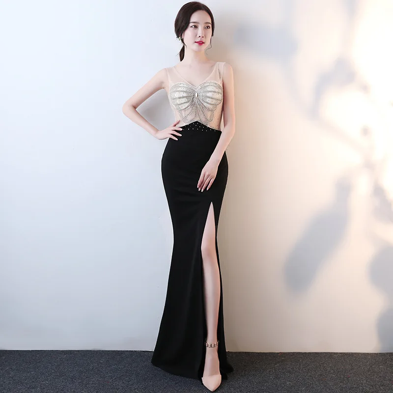 Современная стильная Cheongsam черные длинные платья Qi Pao для женщин в китайском