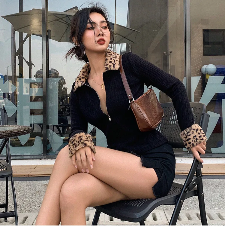 

Zipper Mosaic leopard Women Jackets Female Coat 2020 black turndown collar Long Sleeve high quality Outerwear