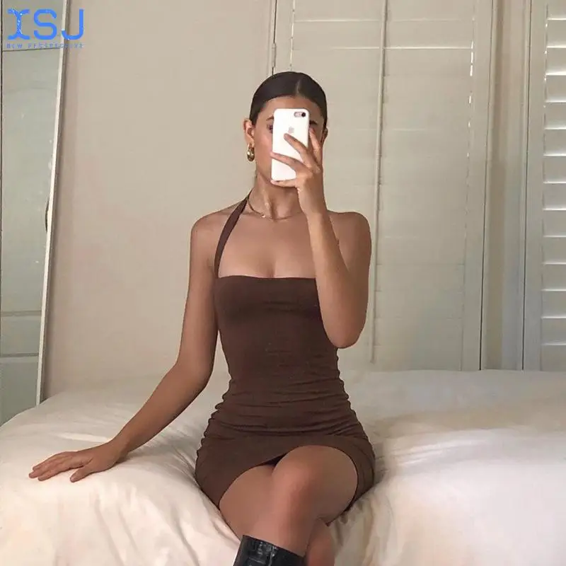 

Bugatti European and American Summer Women's Slim Solid Color Sleeveless Hanging Neck Fashion Dress Bag Hip Skirt