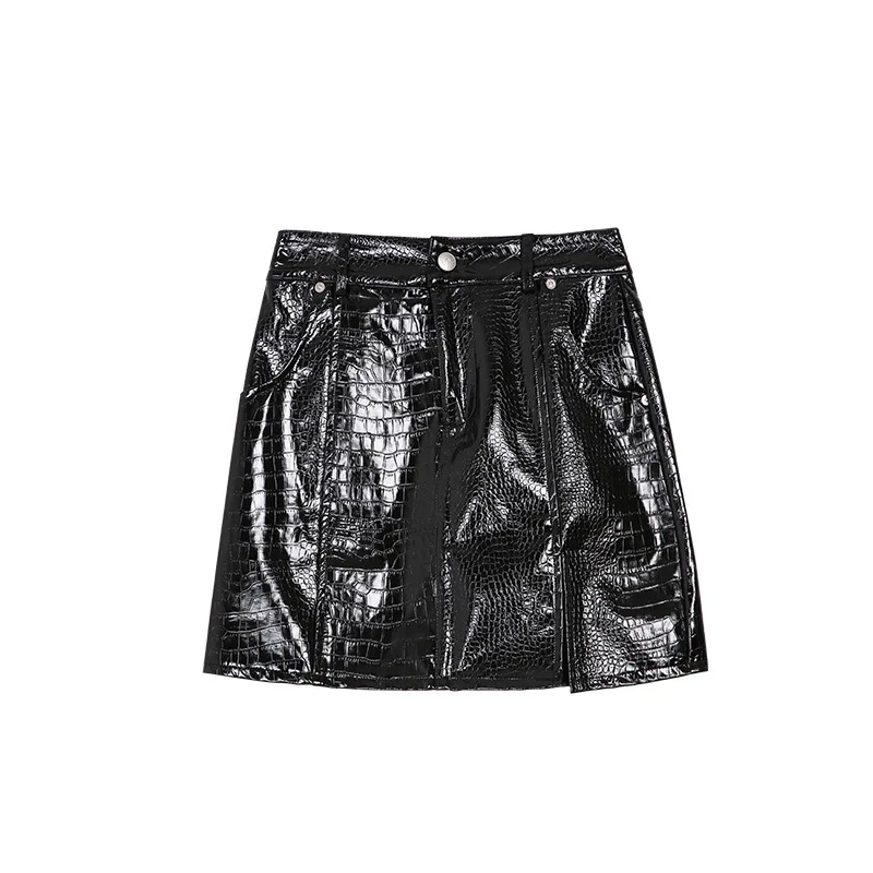 

Summer Trend Lady Retro Texture A-Line High Waist PU Leather Mini Skirt Asymmetrical Split Hem Commuter Simple High-End Quality