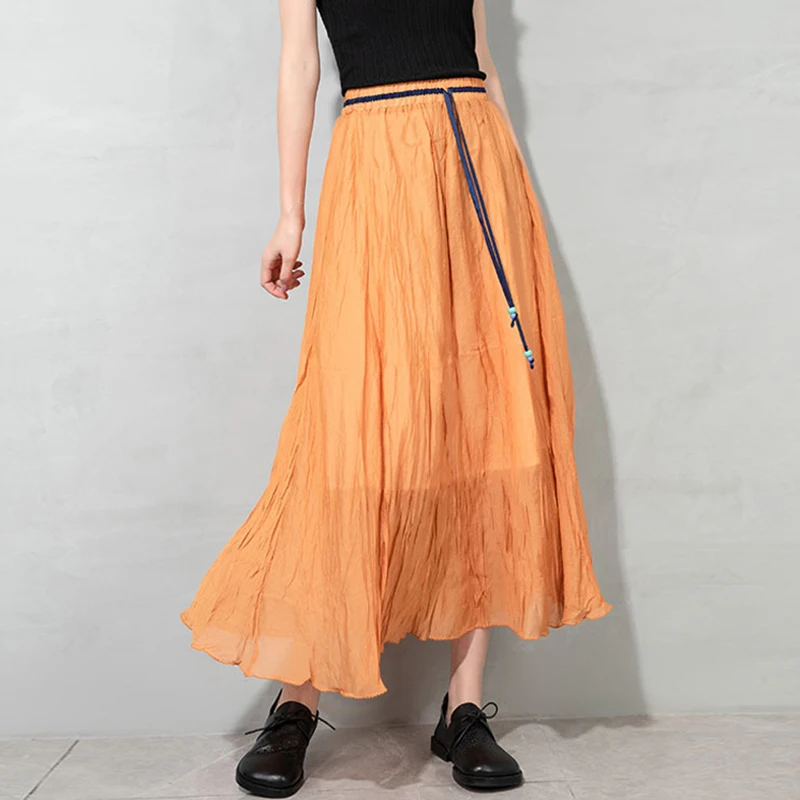 

SeeBeautiful Simple Pleated Loose Overknee A-line Half-body Skirt Ealstic Waist New Fashion Summer 2021 Woman E567
