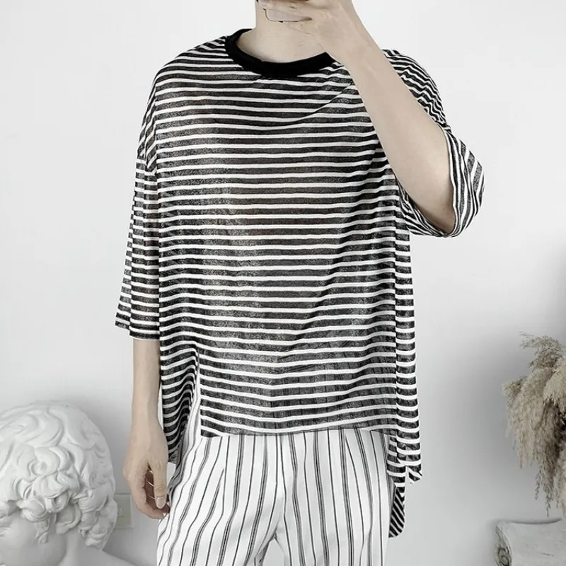 Футболка мужская в полоску тонкая рубашка свободного кроя стиле хип хоп с