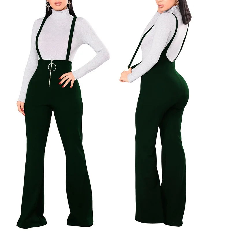 

Women zipper high waist suspenders jumpsuit salopette femme black/wine red/navy blue/green combinaison femme one piece
