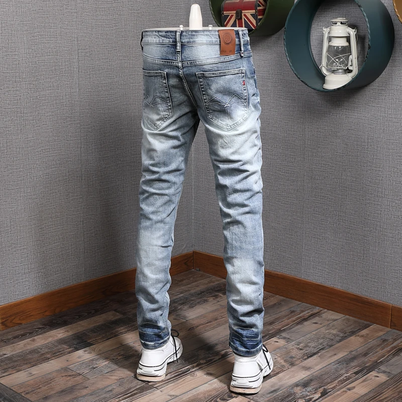 Italian Style Fashion Men Jeans Retro Light Blue Elastic Cotton Ripped Denim Trousers Vintage Designer Casual Slim Long Pants | Мужская