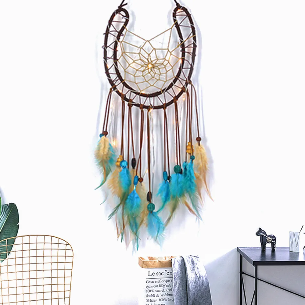 

Handmade Dreamcatcher Indian Style Woven Wall Hanging Ornaments Color Feather LED Light Wedding Party Romantic Hanging Decoratio