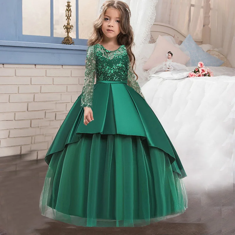 Christmas 4-14 Year Teens Party Girl Dress Children Wedding Flower Kids Clothes Princess Evening Pageant Long Vestidos 13 14 Y