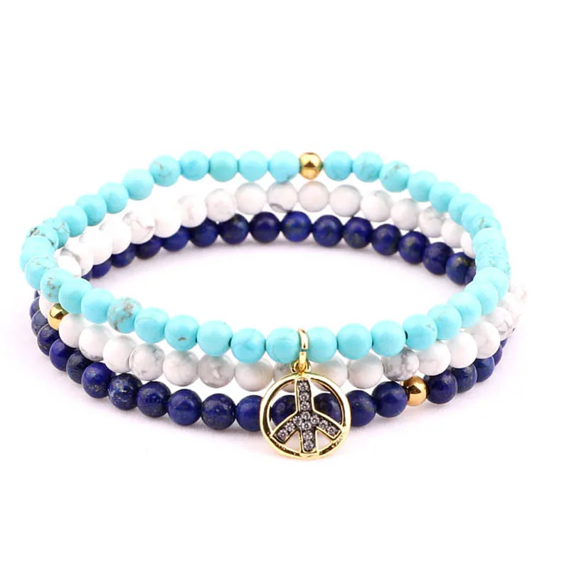 

3pcs/set Natural Stone Beads Cute design CZ Peace Cross Charm Elastic Bracelet Women Men Jewelry