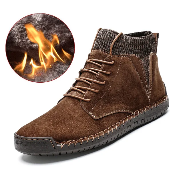 Cotton brown Брендовые зимние ботинки зимние мужские плюшевые теплые мужские мотоциклетные ботинки с нескользящей подошвой, мужские Ботильоны Высокая Мужская Рабочая обувь - Цвет: Cotton brown