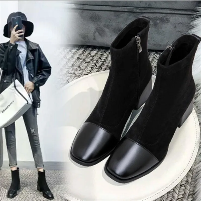 

New Women Shoes High Heels Slip ankle boots winter Stretch socks boots elegant Square high heels shoes female