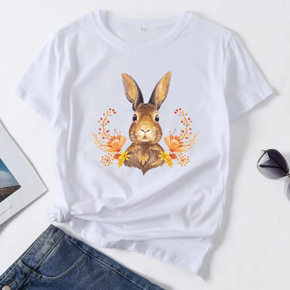 

Kawaii Tie Dye Harajuku Short Sleeve T-Shirts Summer Cute Rabbit Anime Printed T-Shirts For Women New Style Clothing