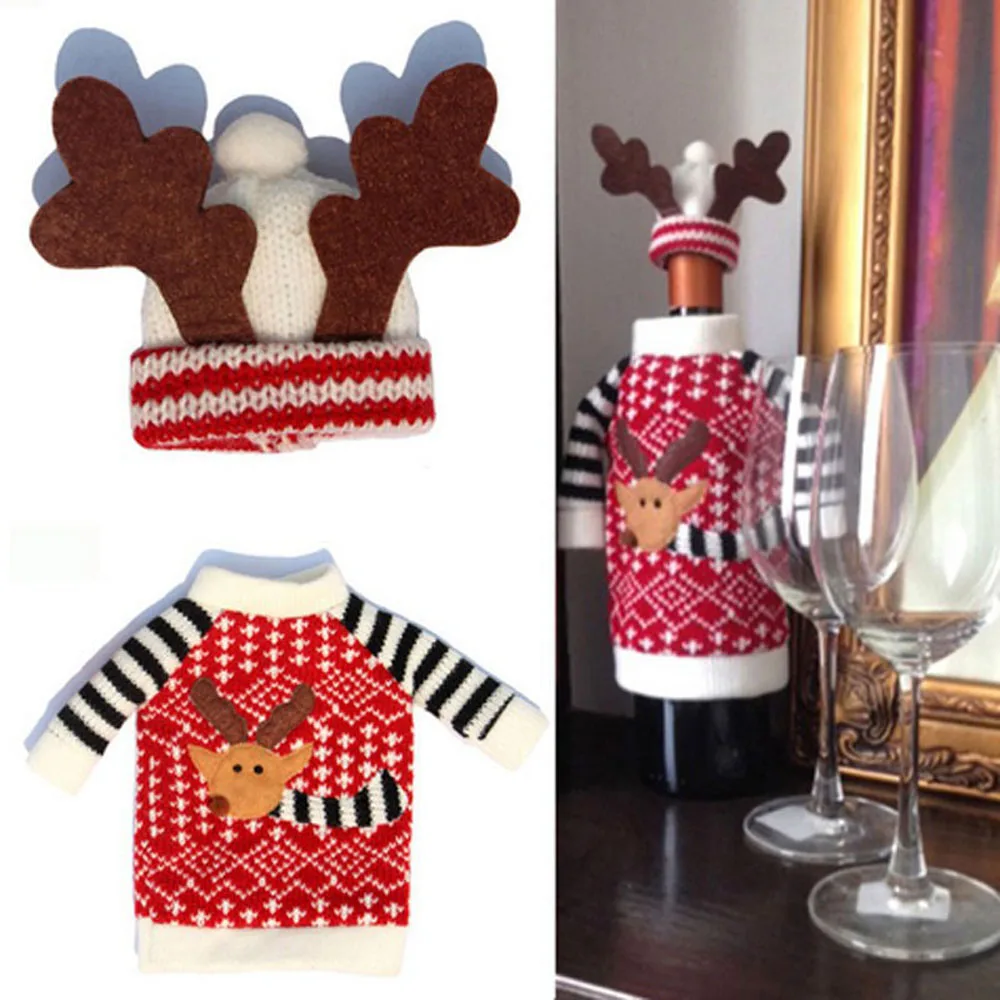 

1 Set Cute Sweater Red Wine Bottle Cover Bags Santa Claus Dinner Table Decoration Clothes With Hats Home Party Decors