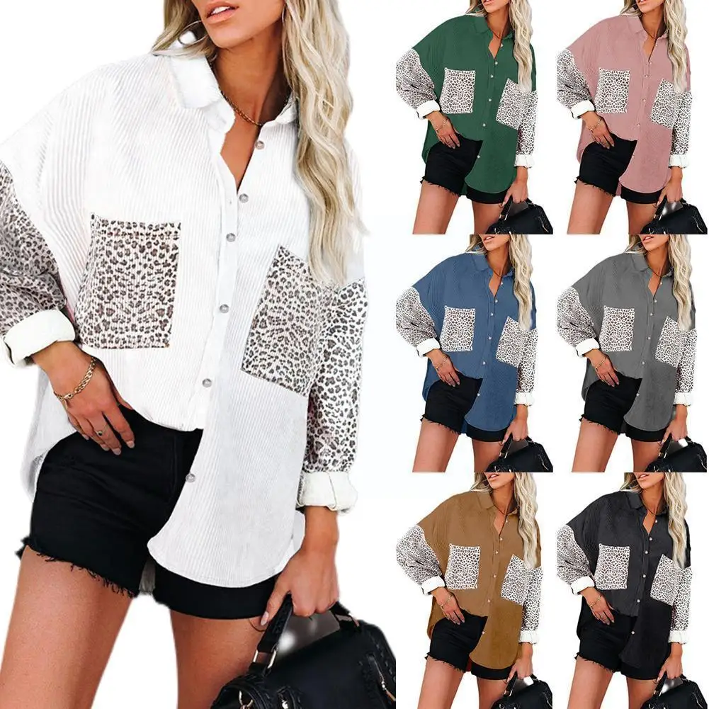 

Corduroy Leopard Print Stitching Shirt Women's Fall/winter Lapel Button Tunic Top Long-sleeve P3j1