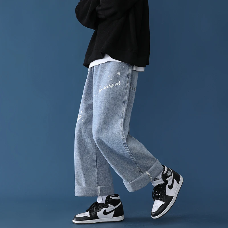 Graffiti jeans man straight skateboard loose chic salt series versatile wide leg daddy high street fashion hip hop streetwear