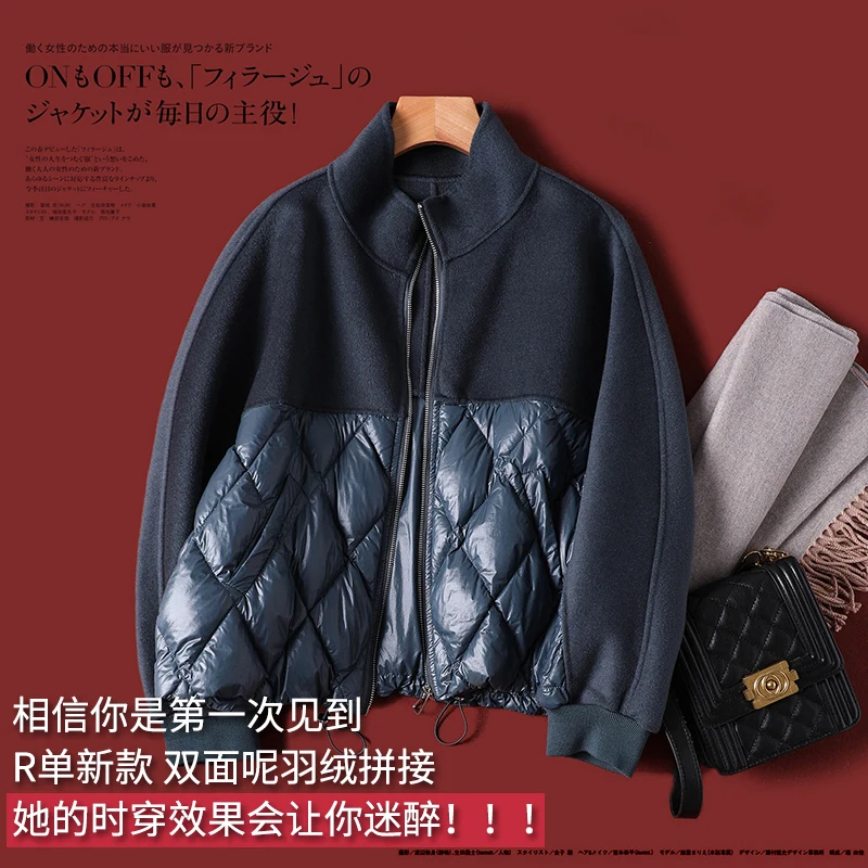 Patchwork Jackets Fashion 90% Wool White Duck Down Zipper Winter Coats Women abrigos mujer invierno 2021