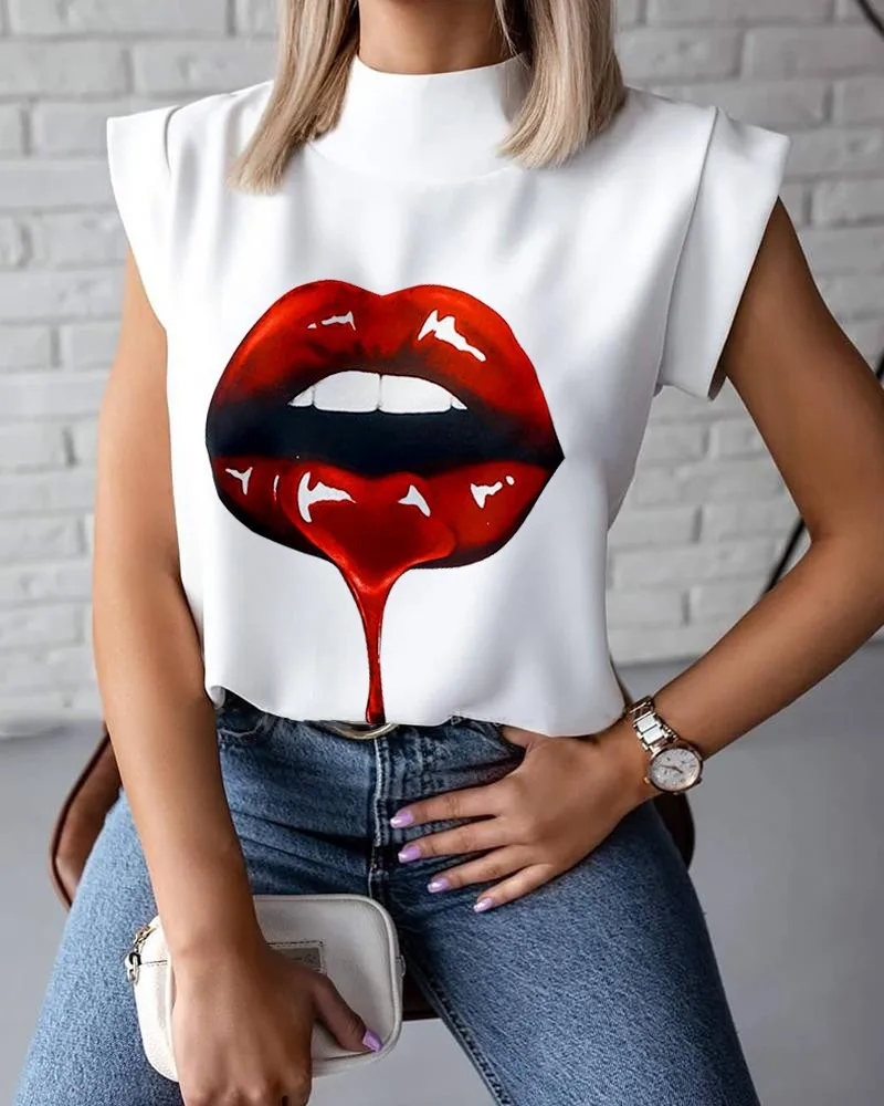 

Summer simple stand-up collar lip print shirt top women's clothing