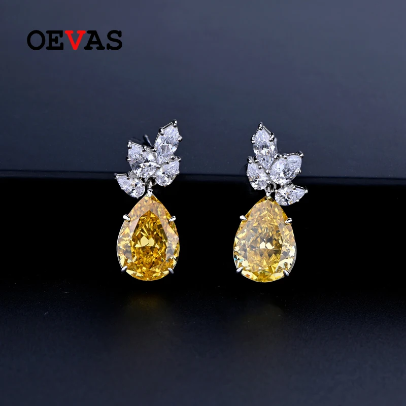 

OEVAS 100% 925 Sterling Silver 10*14mm Yellow Water Drop High Carbon Diamond Stud Earrings For Women Sparkling Fine Jewelry Gift