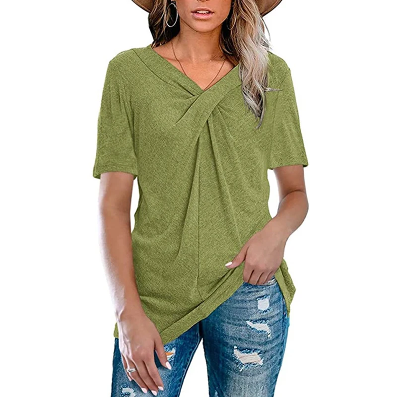 

Women Summer Short Sleeves T-shirts V Neck Solid Color Pullover Breathable Casual Tops A66