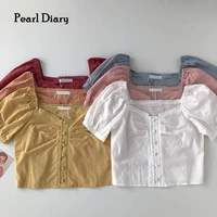 pearl diary female clothing puff sleeve square collar single breasted shirt design sense niche short style all match top women