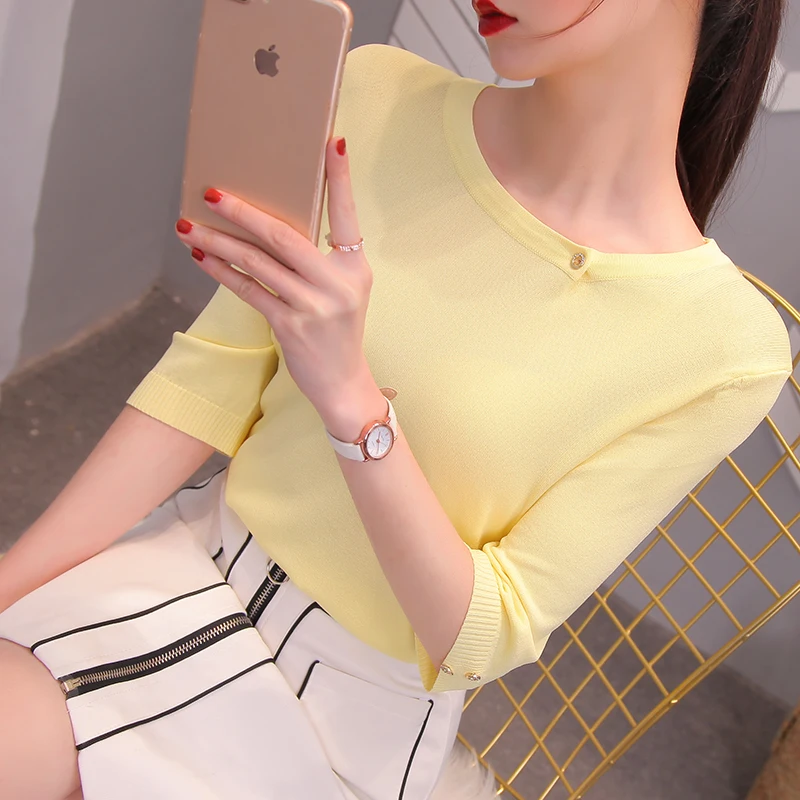 

Retro Ice Silk Sweater Spring Summer Fashion Casual Short Sleeve Loose O-neck Solid COTTON Office Lady Top Houthion