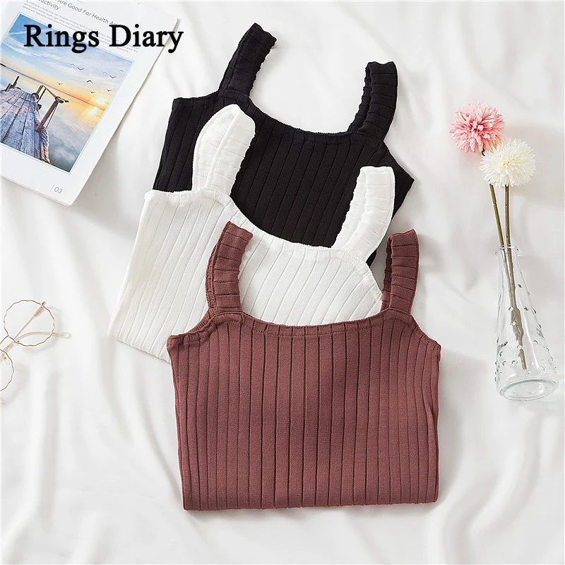 

Rings Diary Women Knitted Solid Color Tanks Tops Summer Ribbed Knit Slim Fit Casual Strappy Crop Tops 2021 Fashion New Clothing