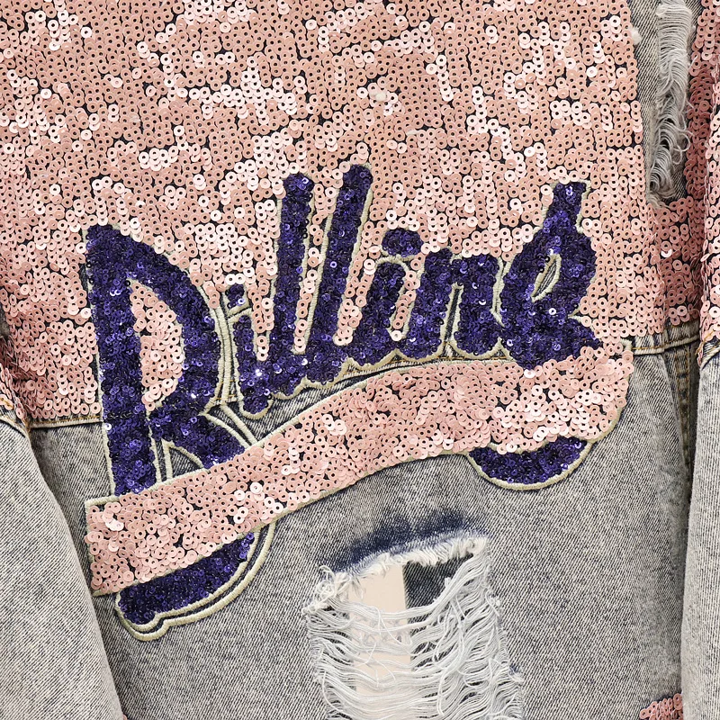 Куртка женская джинсовая с отверстиями и блестками модная базовая верхняя