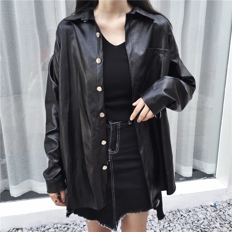 Весна 2019 черная Свободная рубашка из искусственной кожи Женский однобортный