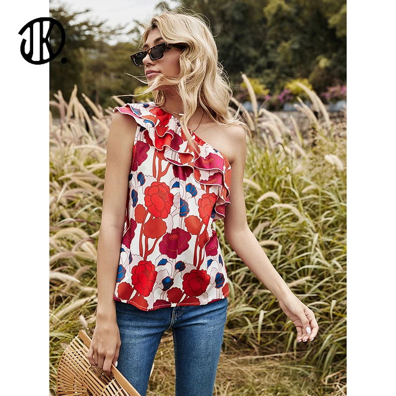 

Female Sexy One Shoulder Cropped Tops Flowers Print T-shirts For Women Fashion Spring Backless Tube Tees New Arrivals Pullovers