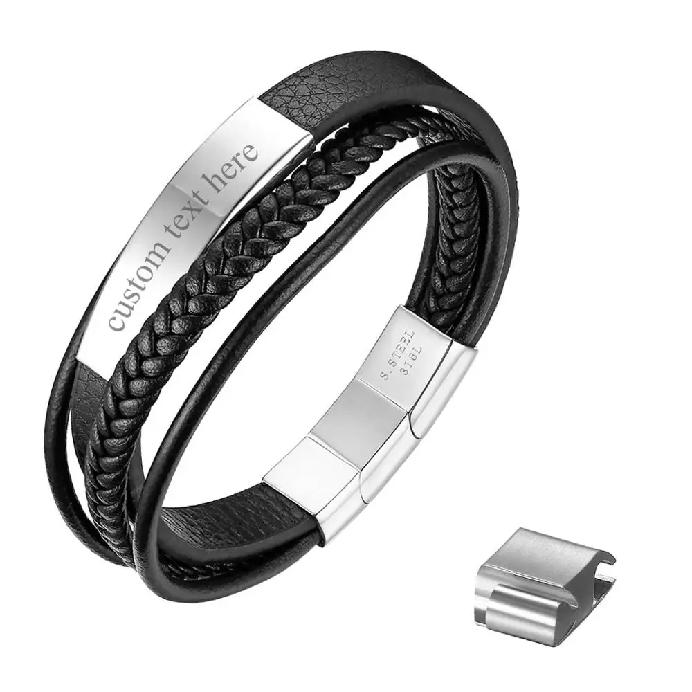 silver BONISKISS Мужские Браслеты Многослойные тканые кожаные веревки гравировка магнитная пряжка мужской регулируемый браслет Pulseras Hombre Bijoux - Окраска металла: silver
