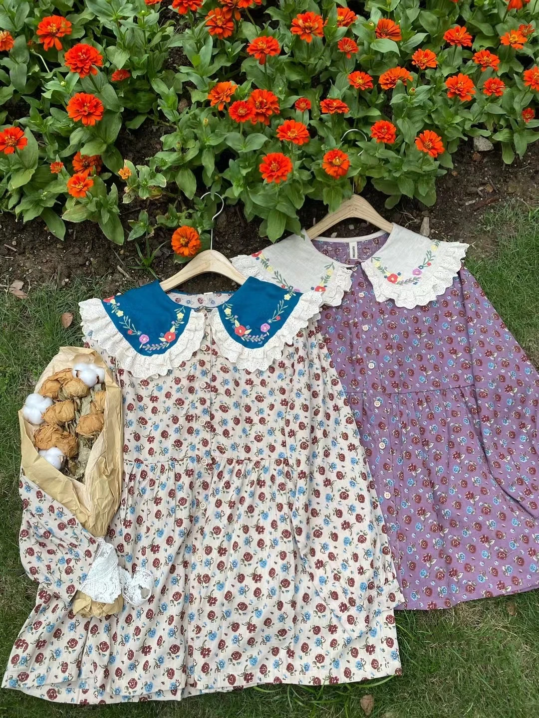 

2021 Autumn Mori Girl Sweet Peter Pan Collar Embroidered Cotton Linen Shirt Japanese Loose Long Sleeve Floral Tops