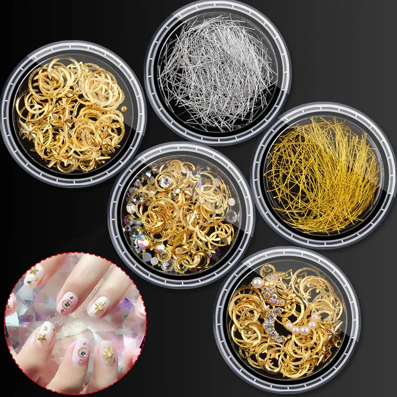 

1Box 3D Nail Art Charms Moon Star Metallic Nails Sequins Cross Sun Hollow Slice Press On Tips Rhinestones Acrylic Manicure