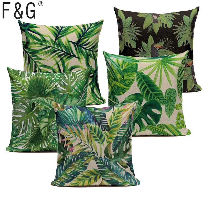 Наволочка для диванной подушки из хлопка и льна с изображением тропических
