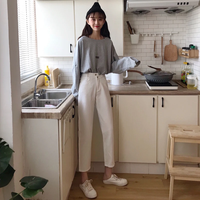 

Женская одежда 2021, однотонные укороченные джинсы в Корейском стиле на раннюю осень, новые повседневные Прямые свободные шаровары с высокой ...