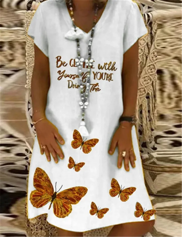 Большой Размеры женские платья с принтом в виде бабочек V образным вырезом и