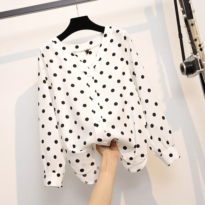 

Plus Size Women Blouse Polka Dot Shirt Summer Long Sleeve V Neck Casual Elegant Print Tops Female Clothing White Shirts 2021