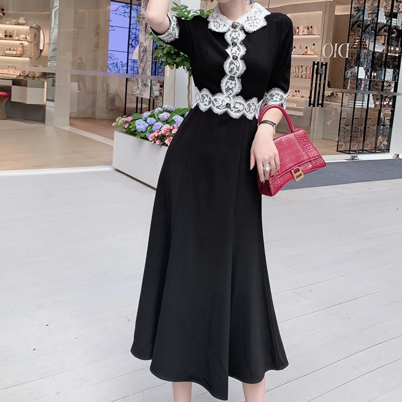 

2021 Summer New Style Sexy Lace Sleeves Party Slim Temperament Mid-Length Black Dress High-Quality Women'S Clothing