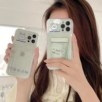 korean ins cute bear rabbit card bag phone case for iphone 13 11 12 pro xs max x xr se 7 8 plus transparent soft tpu back cover