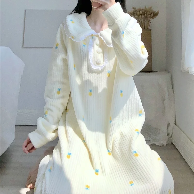 

Winter Nightgown Dress Kawaii Cartoon Pineapple Printing Peter Pan Collar Lace Corduroy Thicken Keep Warm Pajamas Nightgown