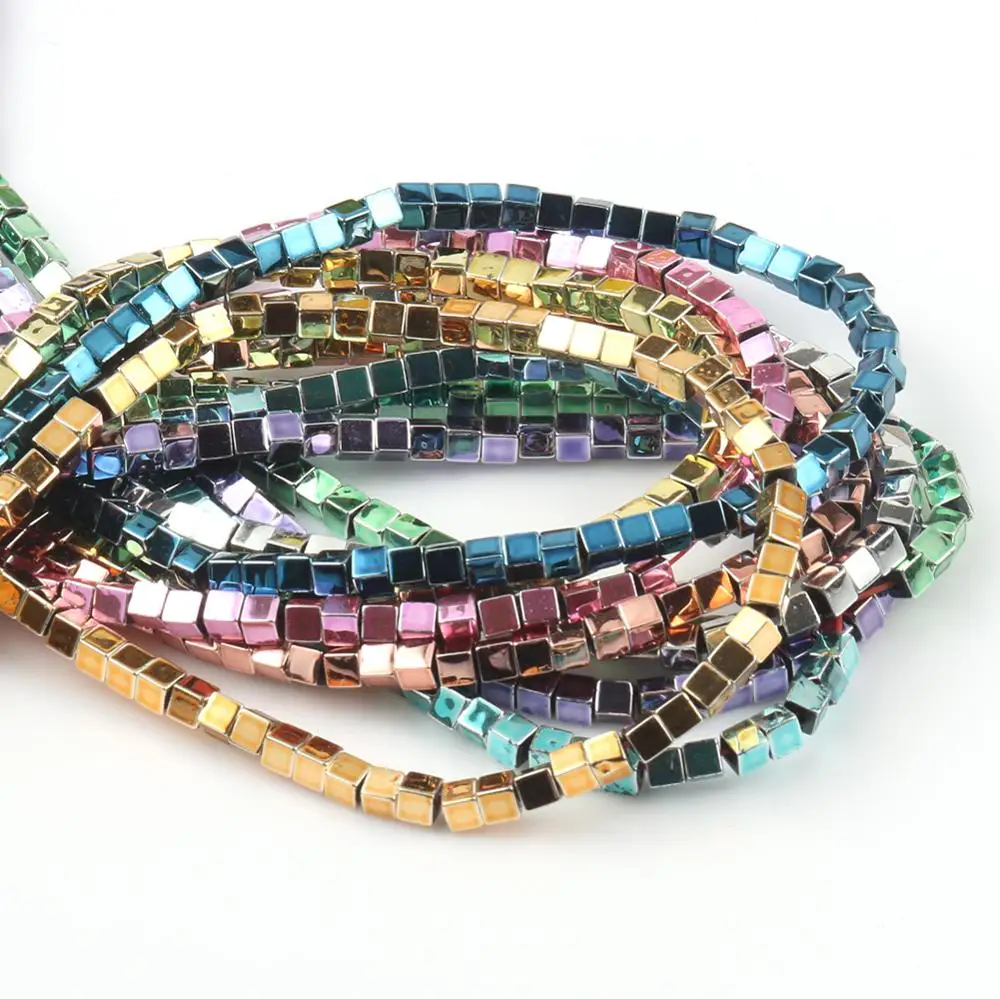 

Natural Hematite Cube Gold Silver Plated Loose Spacer Stone Beads for Jewelry Making DIY Beaded Bracelet 15'' 3mm