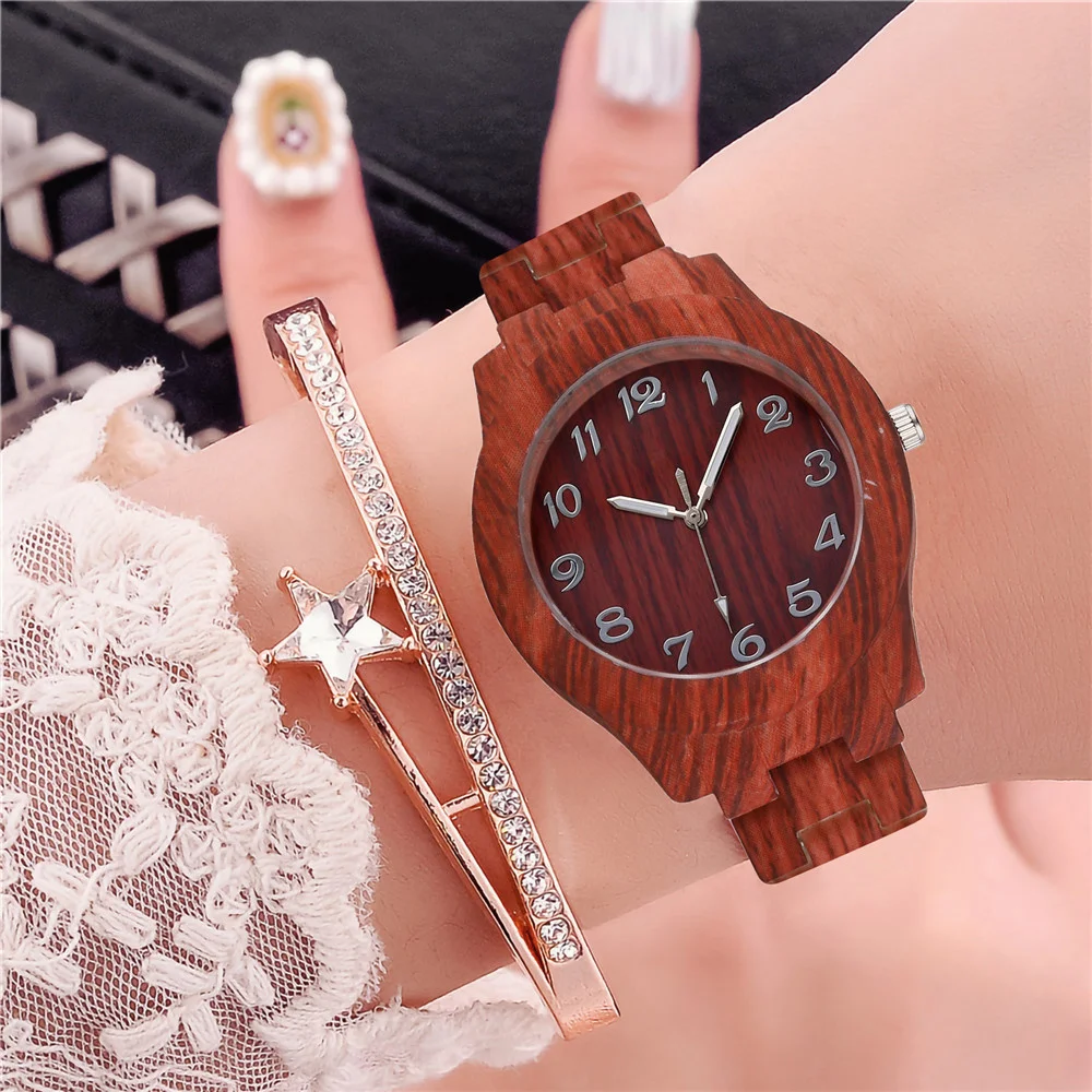 Часы женские кварцевые под дерево роскошные винтажные простые с ремешком из