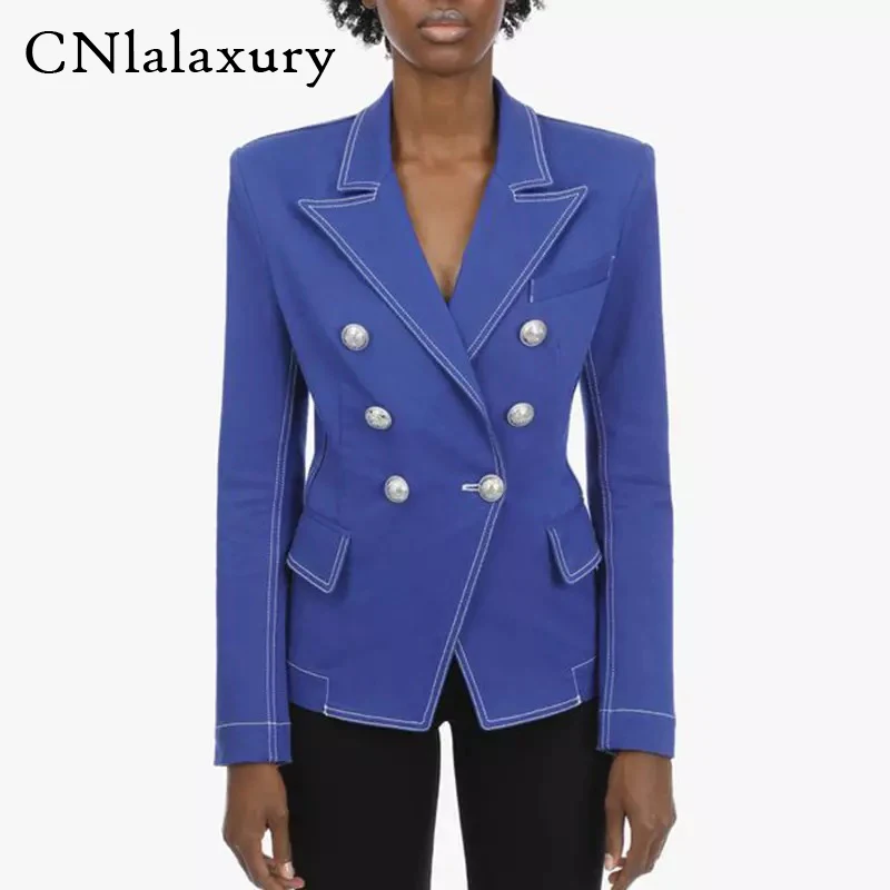 

New Fashion 2020 Designer Blazer feminino Women's Top Stitching Contrast Lion Buttons Coat Double Breasted Denim Blazer Jacket