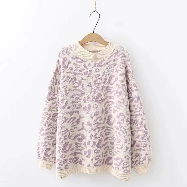 

2020 New Women's sweater Autumn And Winter Knitted Loose Leopard Round Neck Pullover Long Lantern Sleeve Sweater