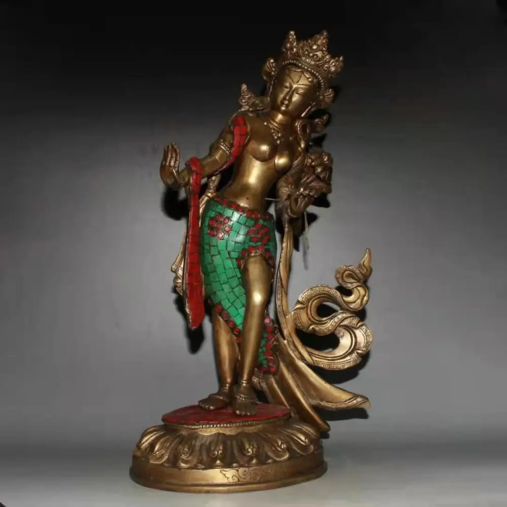 Античная старая тибетская бирюза драгоценные камни и медная статуя Тара Будды