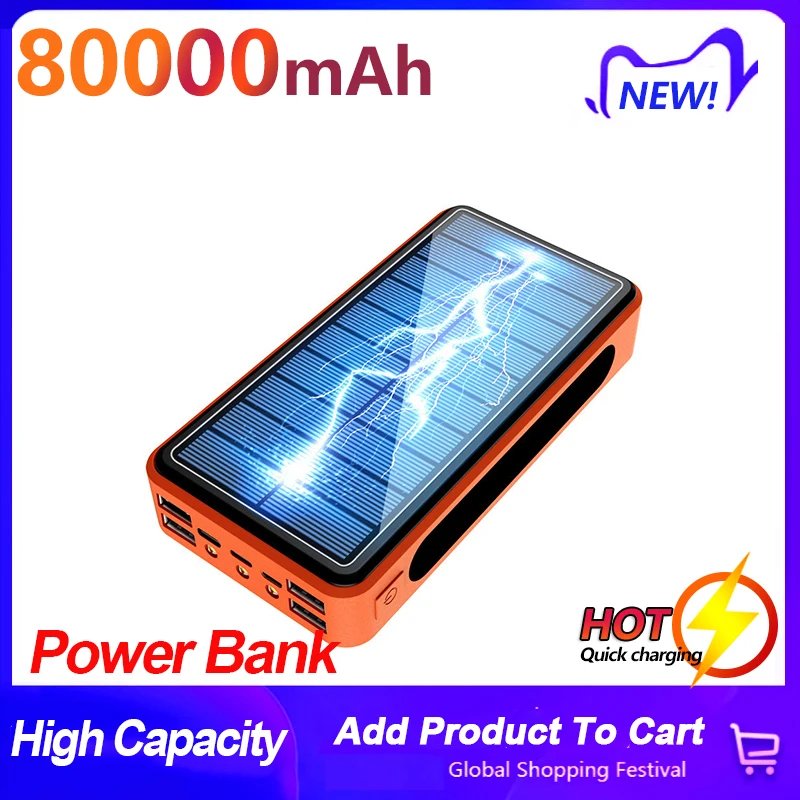 solar wireless portable 80000mah power bank safe fast charging powerbank 4 usb led external battery for xiaomi iphone13 samsung free global shipping