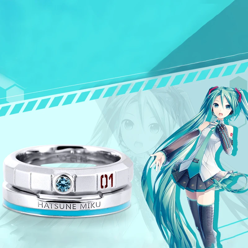 

Official Anime Miku Double Rings Free With Rope Chain Couple Lovers Rings Metal Jewelry Women Men Birthday Gifts Cosplay Props