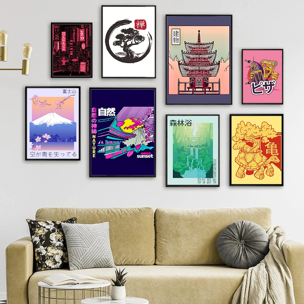 

Vintage Japanese Fuji Temple Landscape Posters Prints Tokyo Line Art Cartoon Canvas Painting Wall Pictures Oriental Home Decor