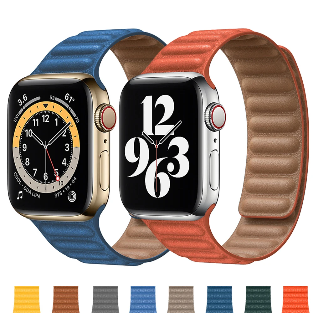 Ремешок кожаный для Apple Watch band 44 мм 40 браслет наручных часов с магнитными звеньями