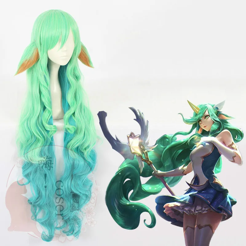 Peluca de cabello de juego LOL para mujer, cosplay de Soraka, Star Guardian, color verde, con 2 orejas