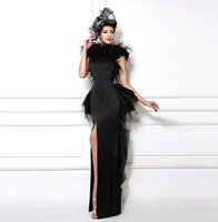 vestido longos de festas 2018 black long evening rushed feather high side slit formal gown unique mother of the bride dresses