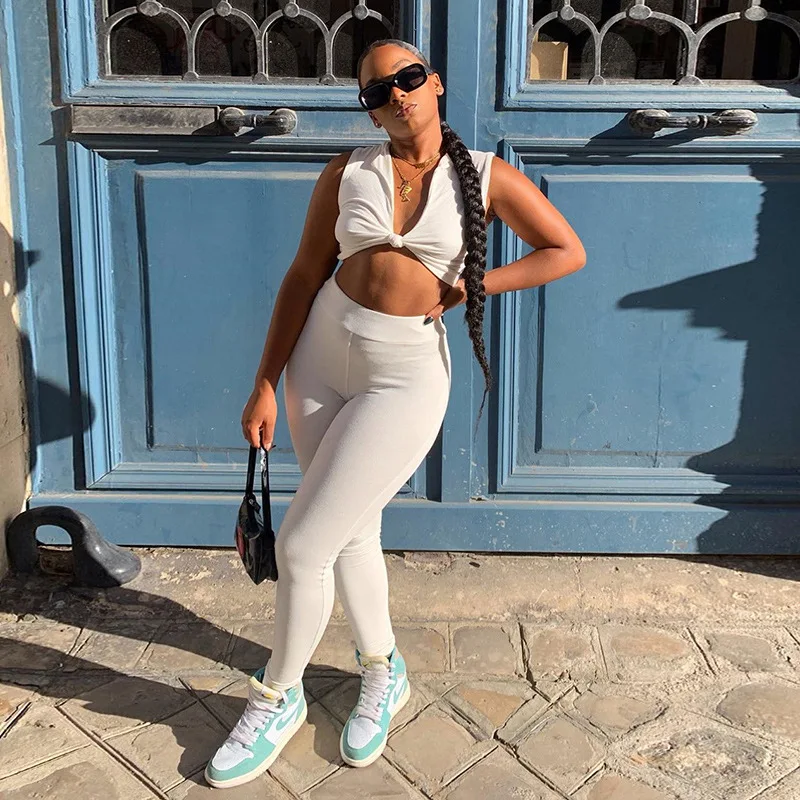 

Sexy Deep V Neck Twist Two Piece Set Women Summer Fitness Sleeveless Crop Top with Leggings Trackuist Women Outfit Jogging Femme